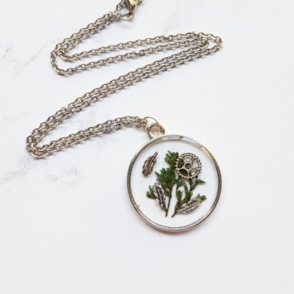 Silver and Green Pendant Necklace Handmade Pressed Dried Flowers Steampunk Gears
